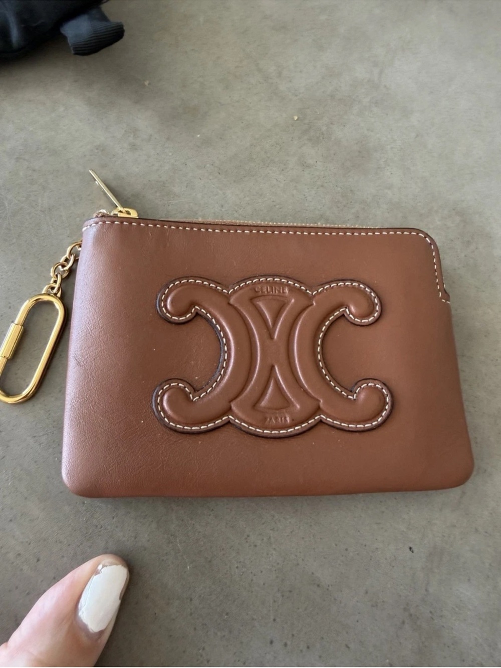 Celine Brown Triomphe Embossed Leather Zip Pouch with Gold Hardware